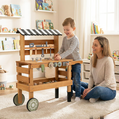 Wooden 2-in-1 Outdoor Kids Rolling Cart with Play Tools Set-Brown