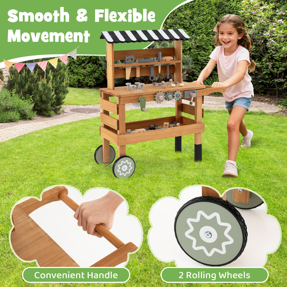 Wooden 2-in-1 Outdoor Kids Rolling Cart with Play Tools Set-Brown