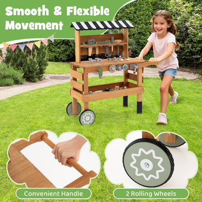 Wooden 2-in-1 Outdoor Kids Rolling Cart with Play Tools Set-Brown