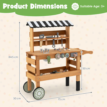 Wooden 2-in-1 Outdoor Kids Rolling Cart with Play Tools Set-Brown