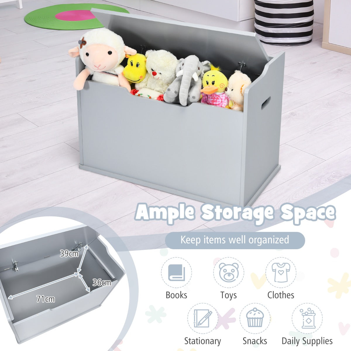 Wooden Kids Toy Box and Bench with Cushion and Handles-Grey