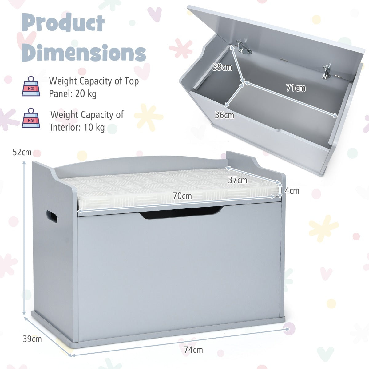 Wooden Kids Toy Box and Bench with Cushion and Handles-Grey