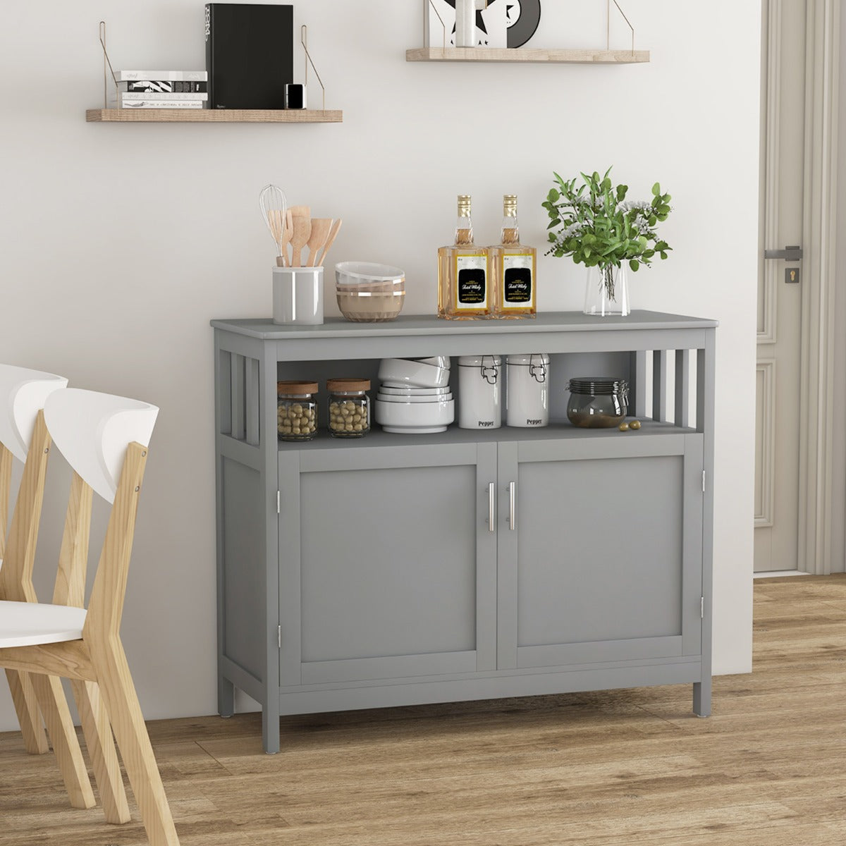 Wooden Kitchen Storage Cabinet with 5-Position Adjustable Shelves-Grey