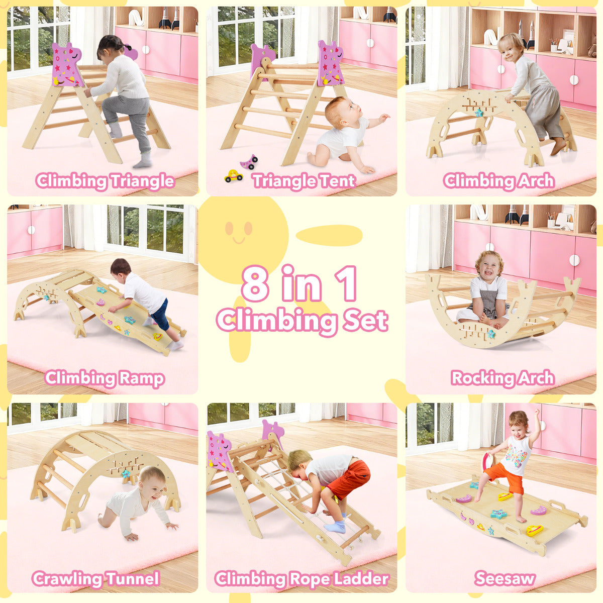 Wooden Montessori Climbing Set with Climbing Rope and Ladder-Natural