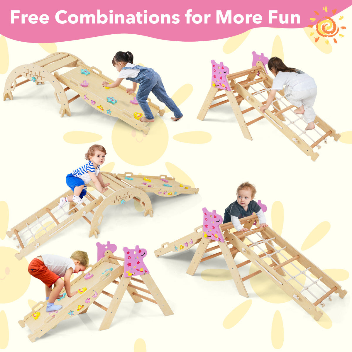 Wooden Montessori Climbing Set with Climbing Rope and Ladder-Natural
