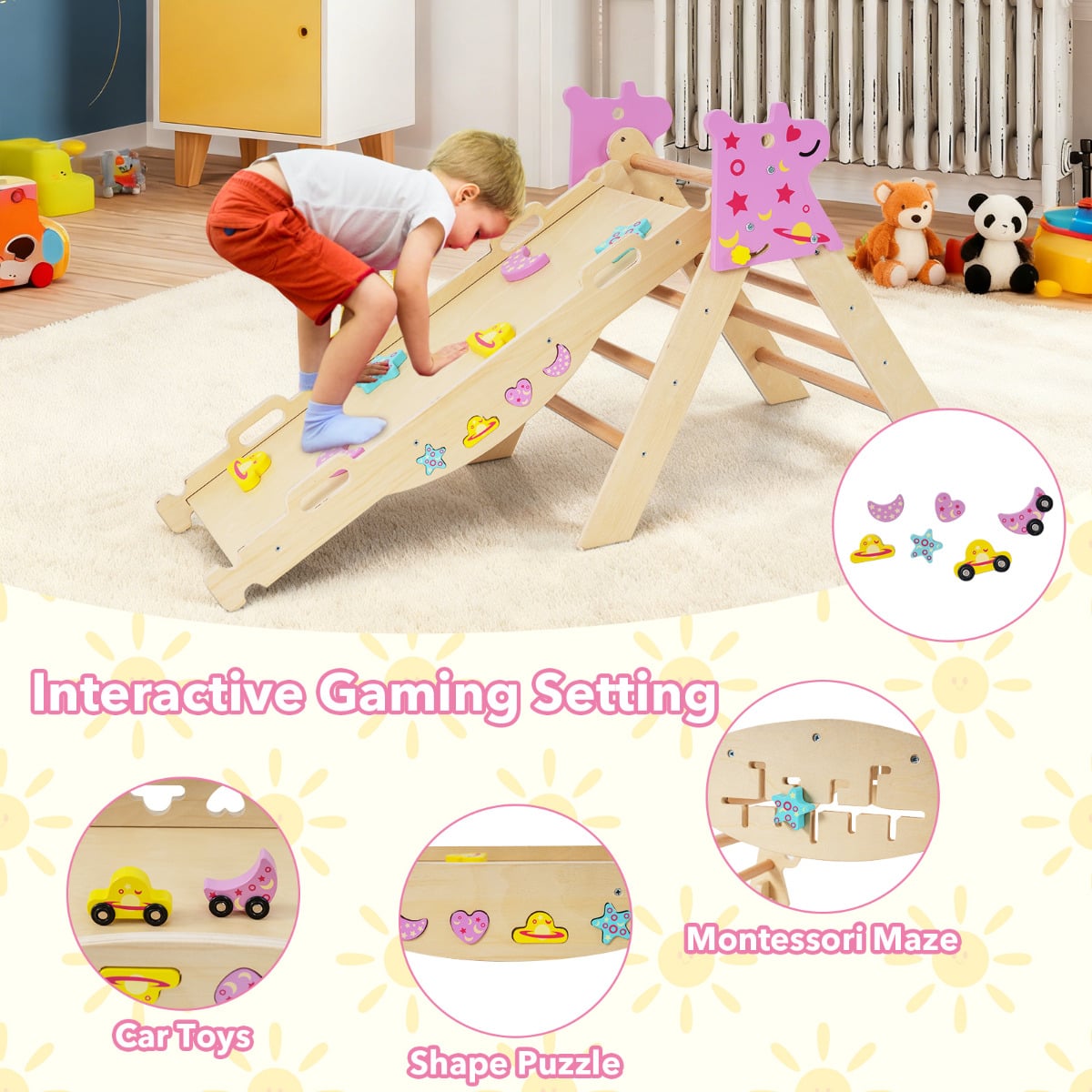 Wooden Montessori Climbing Set with Climbing Rope and Ladder-Natural