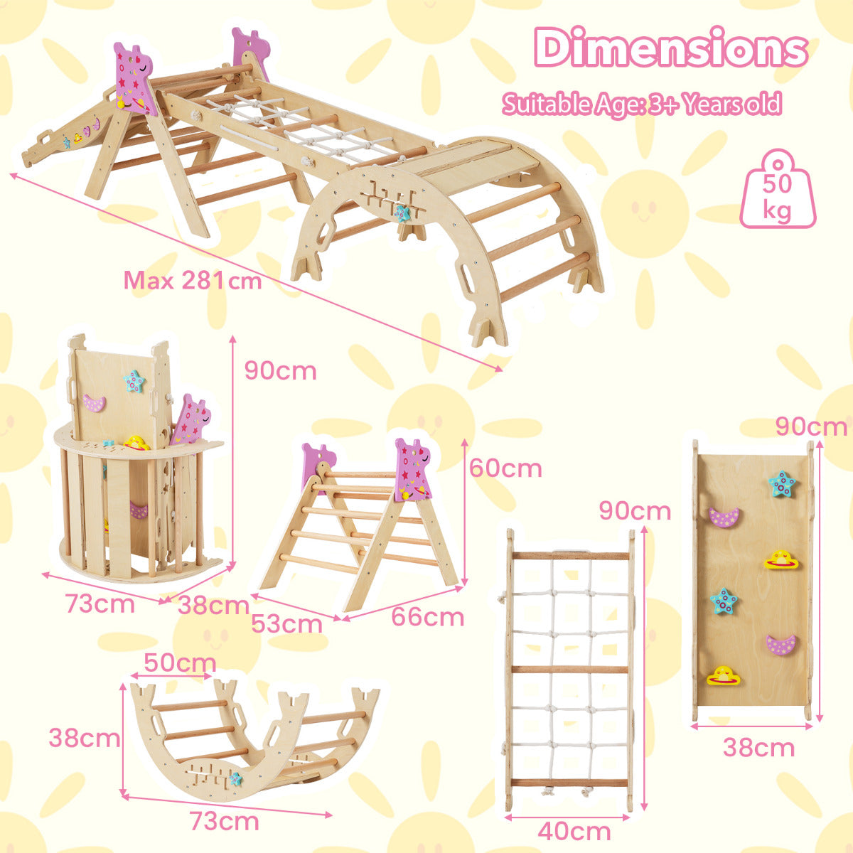 Wooden Montessori Climbing Set with Climbing Rope and Ladder-Natural