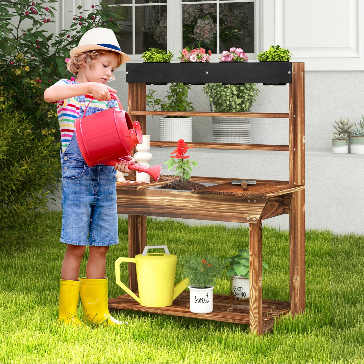 Wooden Potting Bench Table for Kids with Solid Fir Wood Frame and Removable Sink-Natural