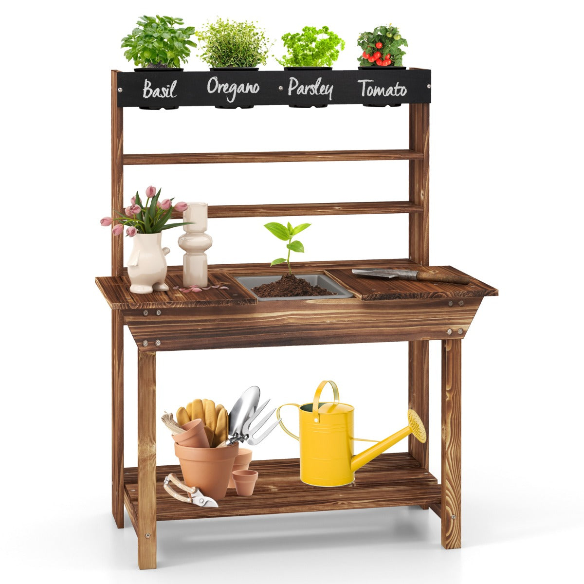 Wooden Potting Bench Table for Kids with Solid Fir Wood Frame and Removable Sink-Natural