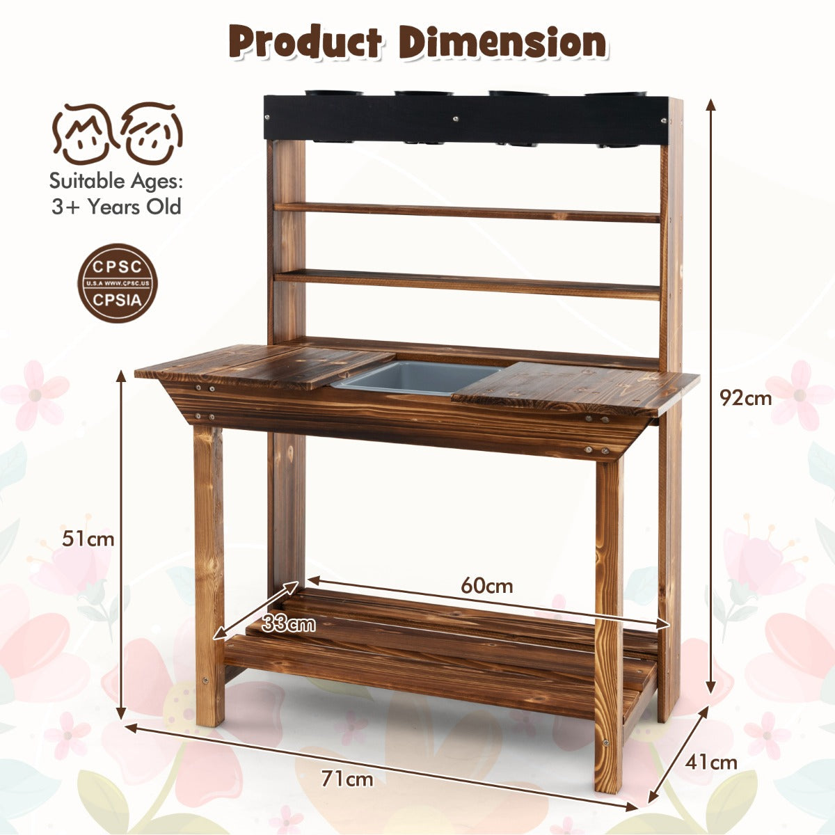 Wooden Potting Bench Table for Kids with Solid Fir Wood Frame and Removable Sink-Natural