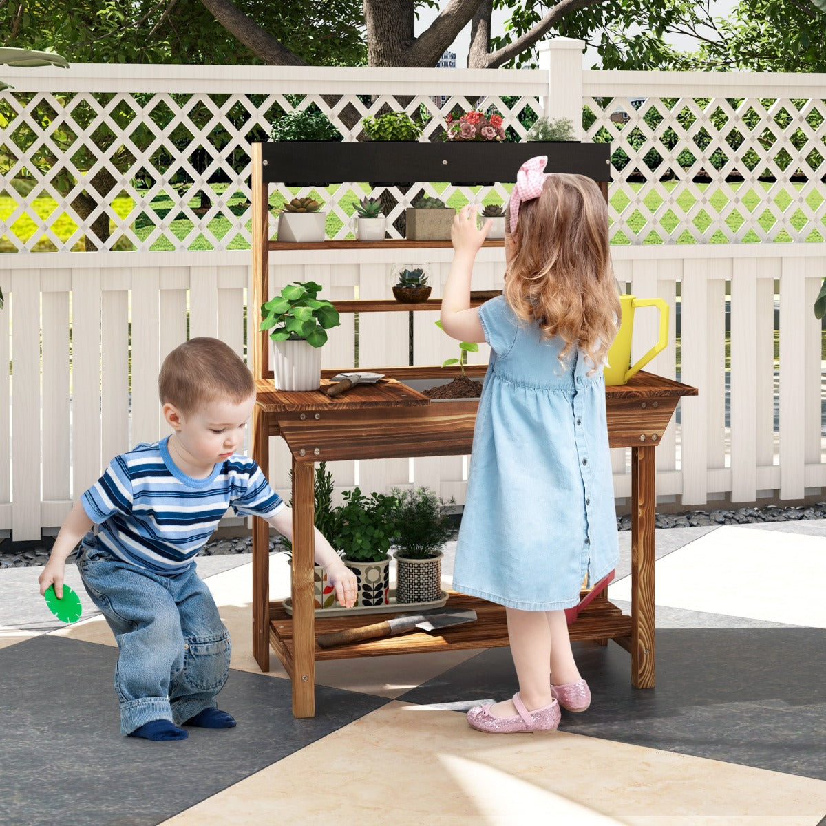 Wooden Potting Bench Table for Kids with Solid Fir Wood Frame and Removable Sink-Natural