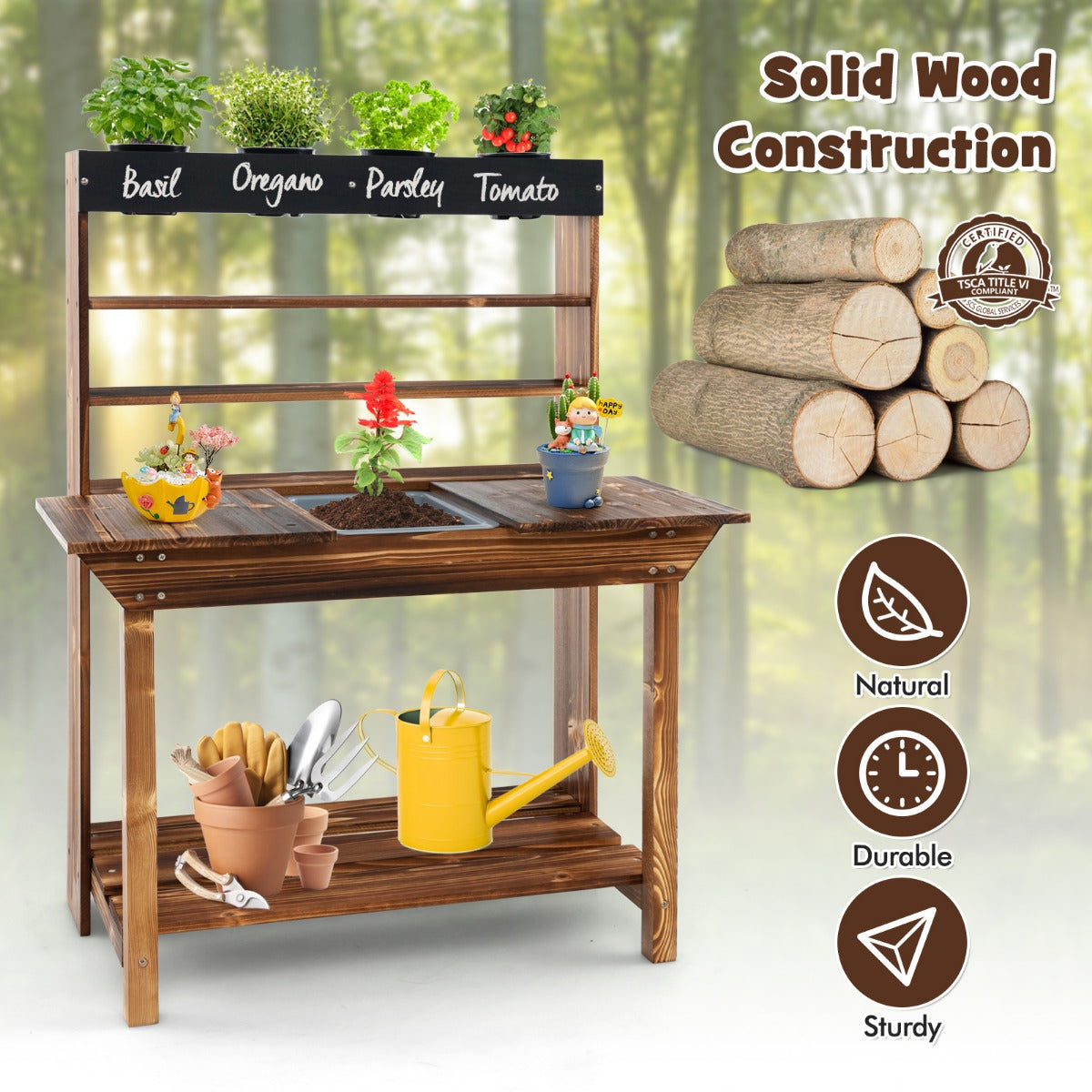 Wooden Potting Bench Table for Kids with Solid Fir Wood Frame and Removable Sink-Natural