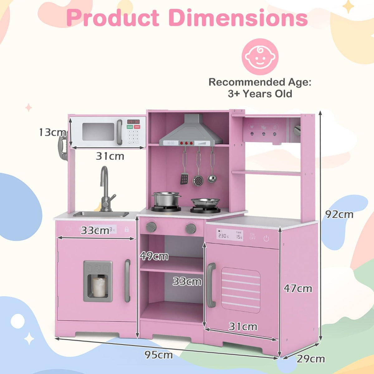Wooden Pretend Play Kitchen with Real Sounds and Lights-Pink