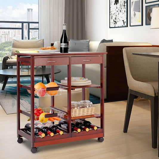 Wooden Rolling Kitchen Cart with Drawers Shelves Wire Baskets Wine Racks-Burgundy