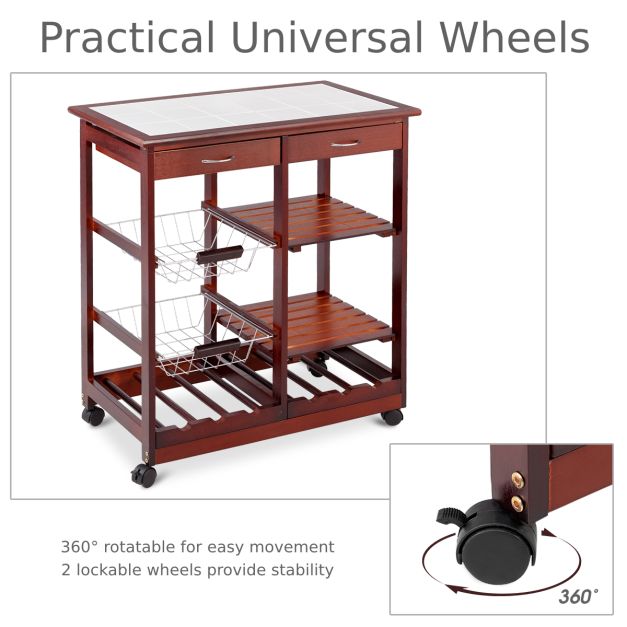 Wooden Rolling Kitchen Cart with Drawers Shelves Wire Baskets Wine Racks-Burgundy