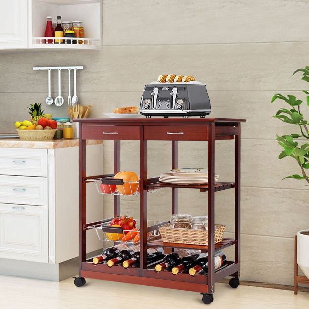 Wooden Rolling Kitchen Cart with Drawers Shelves Wire Baskets Wine Racks-Burgundy