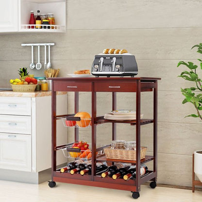 Wooden Rolling Kitchen Cart with Drawers Shelves Wire Baskets Wine Racks-Burgundy