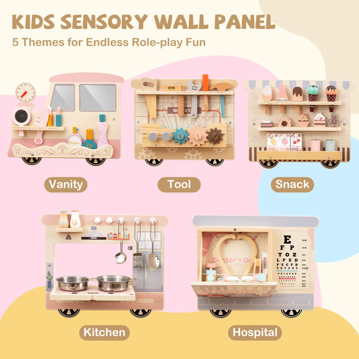 Wooden Sensory Wall Panel with Vanity and Doctor Kit for Kids