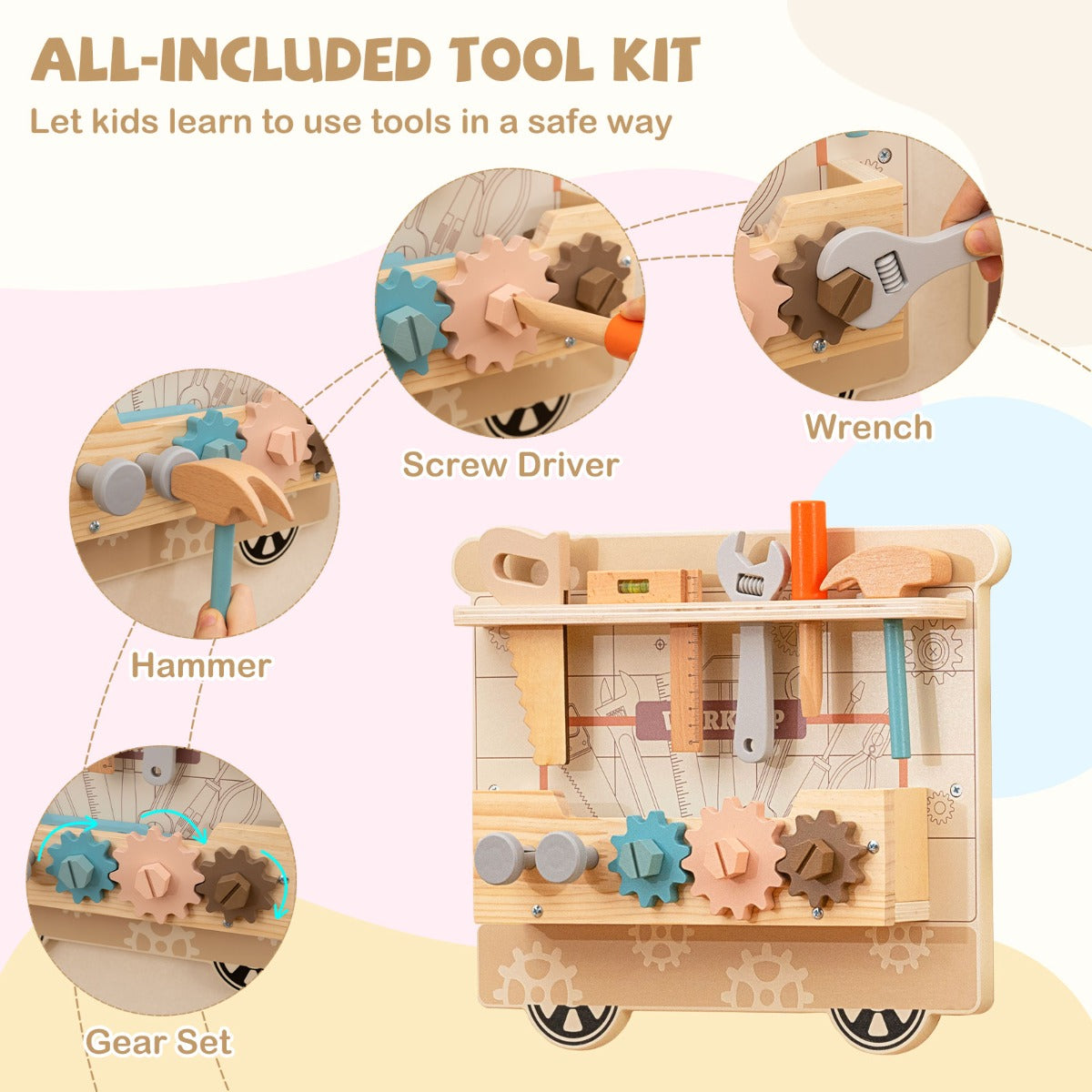 Wooden Sensory Wall Panel with Vanity and Doctor Kit for Kids