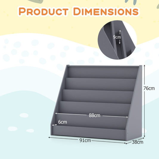 5-Tier Wooden Toddler Book Shelf Stand with Deep Compartments-Grey