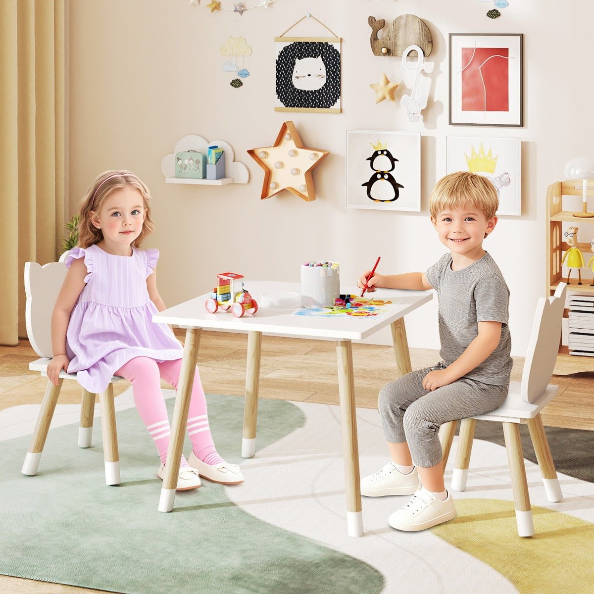 Wooden Toddler Desk and Chair Set for Classroom-White