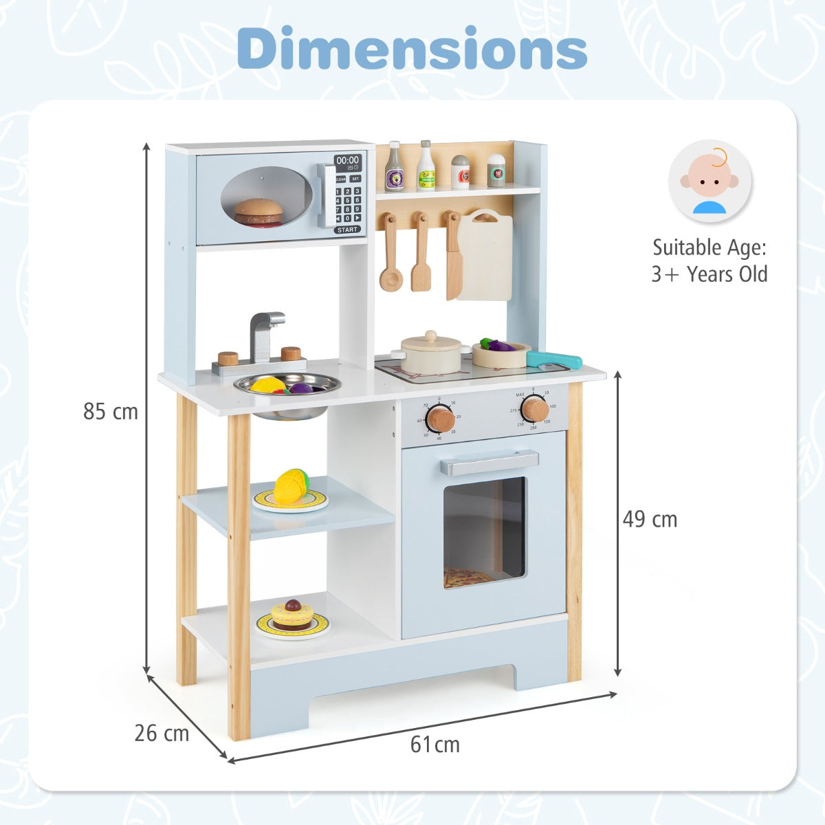 Wooden Toy Kitchen Playset with Chalkboard Microwave Stove for Kids Aged 3 +-Blue