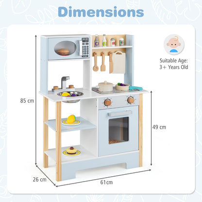 Wooden Toy Kitchen Playset with Chalkboard Microwave Stove for Kids Aged 3 +-Blue