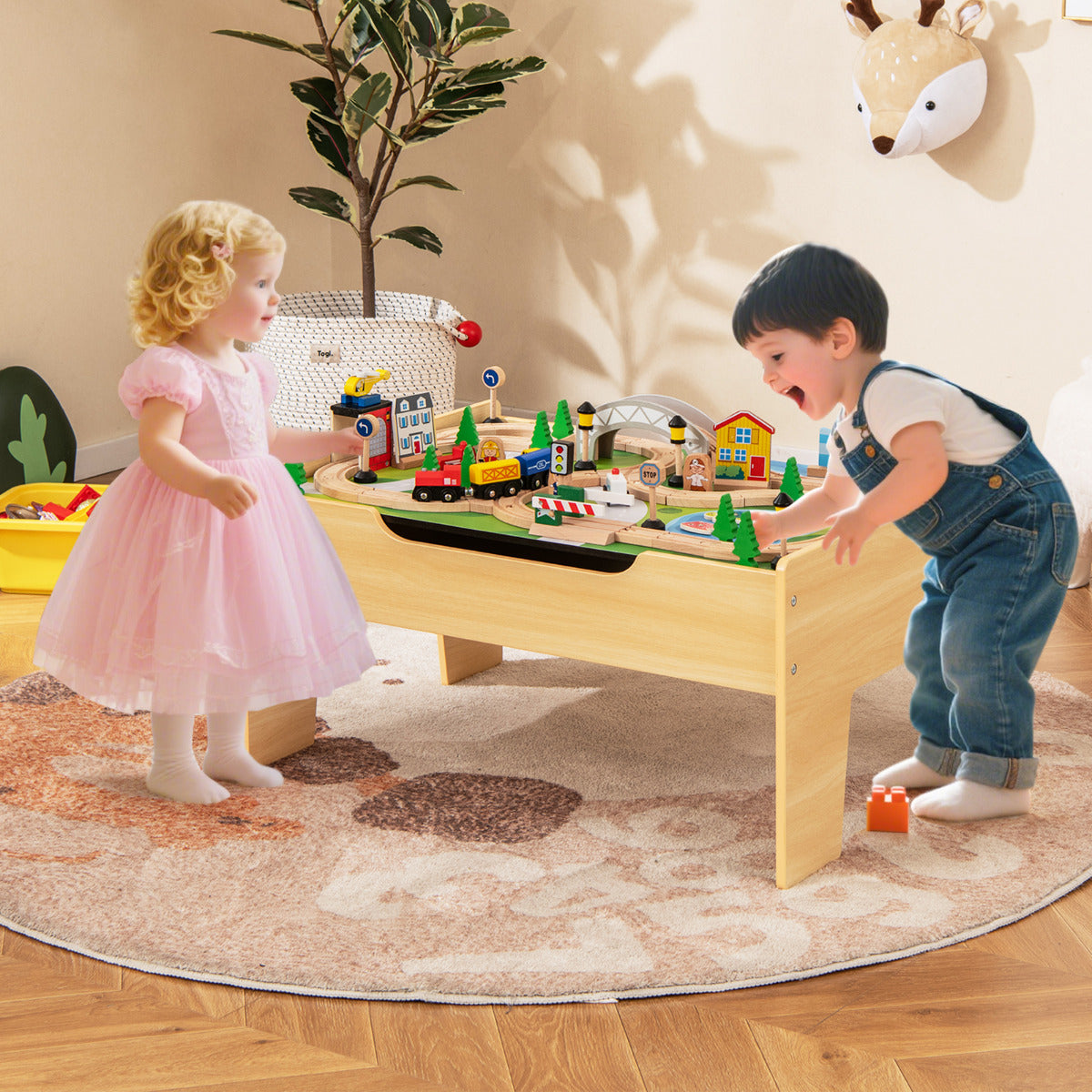 Wooden Train Table 78 Pieces Kids Activity Railway Playset