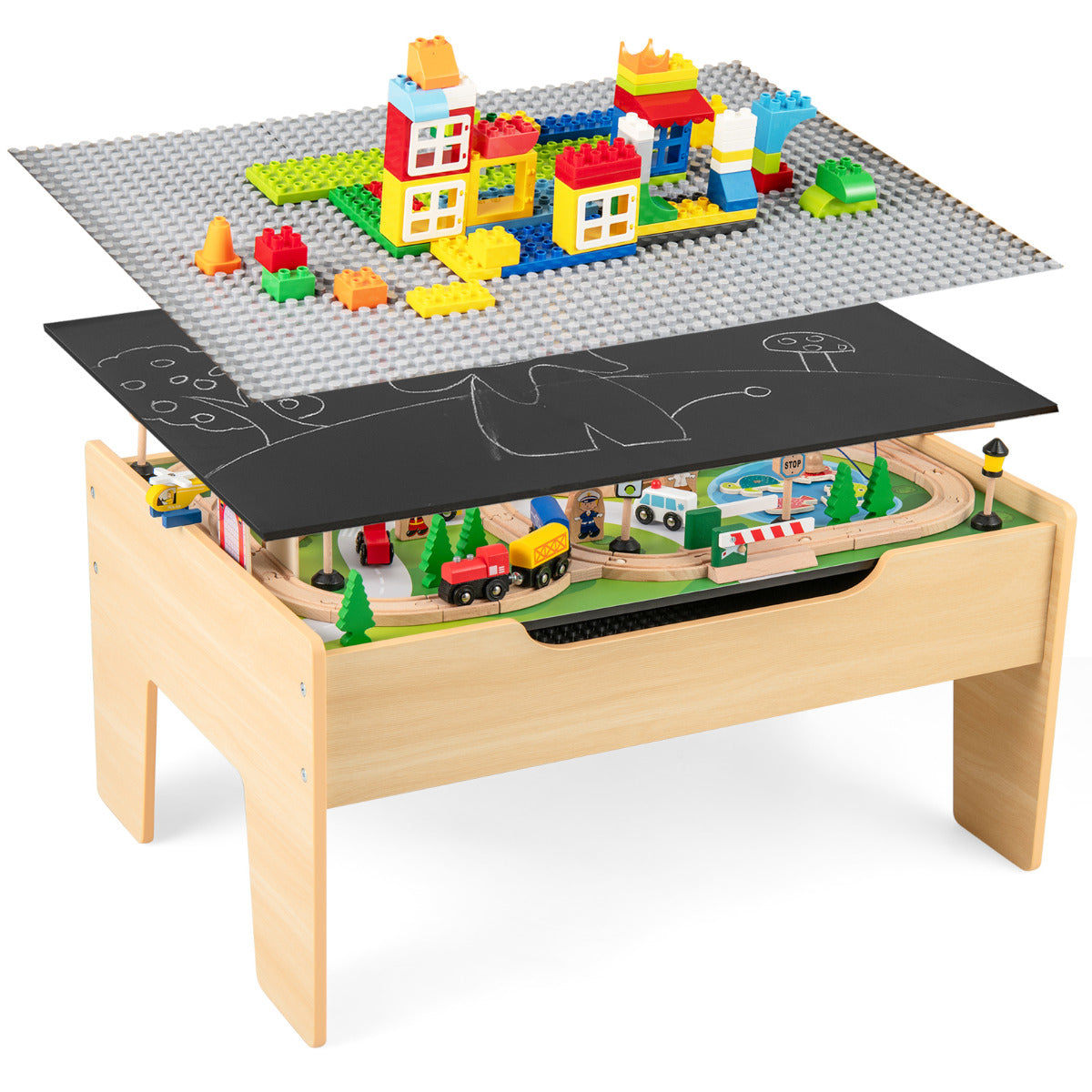 Wooden Train Table 78 Pieces Kids Activity Railway Playset