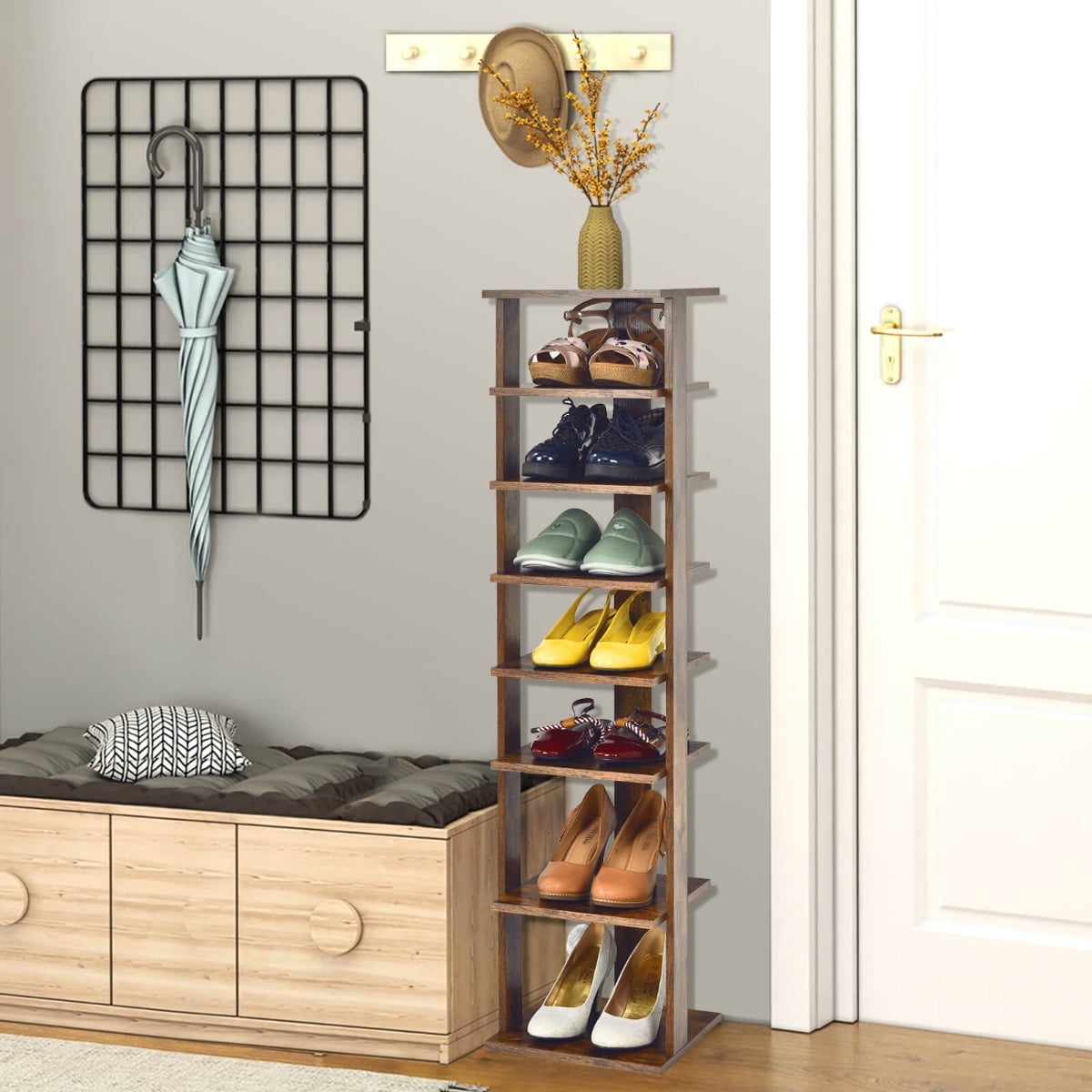 Wooden Vertical Shoe Rack with 7 Shelves-Brown