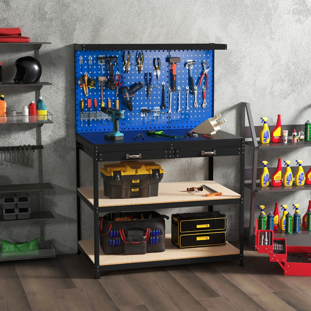 121 x 61 CM Workbench with 3 PCS Pegboard and Drawer-Navy