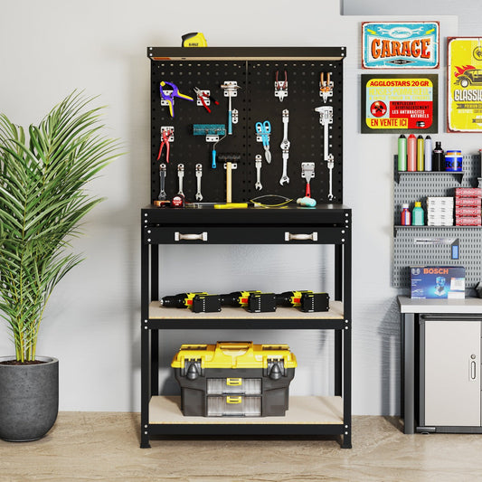 81 x 41 CM Workbench with Pegboard and Drawer and Shelves-Black