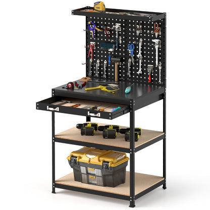 81 x 41 CM Workbench with Pegboard and Drawer and Shelves-Black