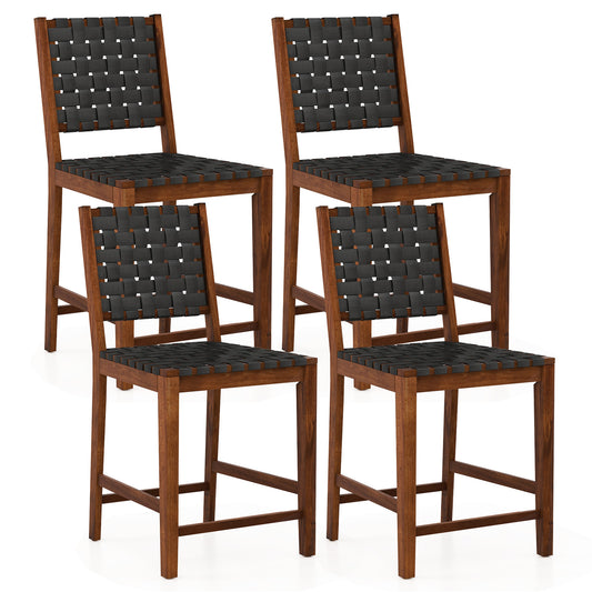 Woven Bar Stools Set of 4 with Faux PU Leather Straps-Black