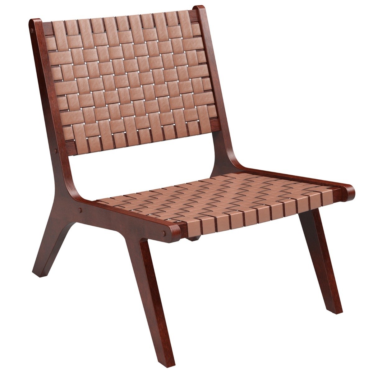 Woven Leather Accent Chair with Wood Frame Armless Reading Side Chair-Brown