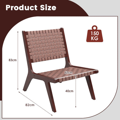 Woven Leather Accent Chair with Wood Frame Armless Reading Side Chair-Brown