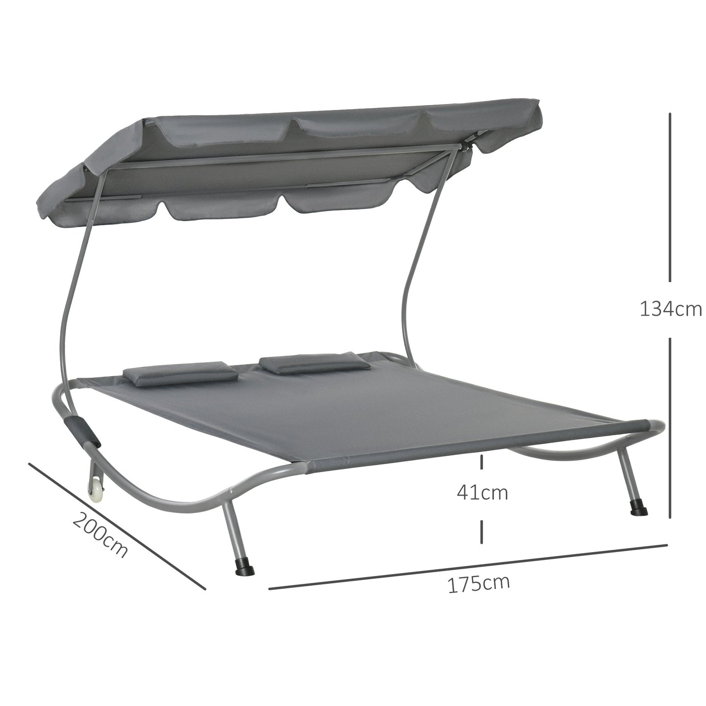 Outsunny Double Sun Lounger with Adjustable Detachable Canopy, Portable Garden Daybed for 2 with Wheels, Outdoor Sunbed Hammock with 2 Pillows, 220 KG Max. Load, Grey