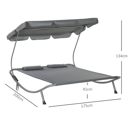 Outsunny Double Sun Lounger with Adjustable Detachable Canopy, Portable Garden Daybed for 2 with Wheels, Outdoor Sunbed Hammock with 2 Pillows, 220 KG Max. Load, Grey