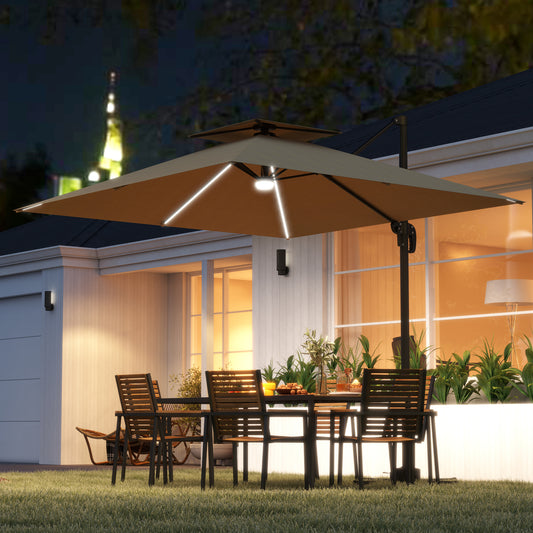 Outsunny 2,5 m parasol wspornikowy z lampami LED zasilanymi energią słoneczną, obrót 360√Ç¬∞, regulacja nachylenia, korba, khaki