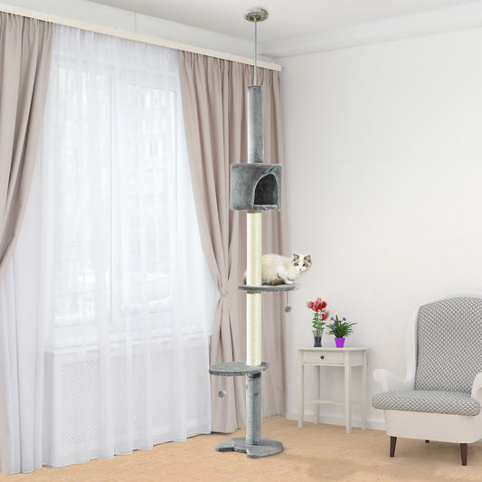 PawHut Drzewko dla kotów od podłogi do sufitu dla kotów domowych, wieża dla kociąt, apartament, wielopoziomowe centrum aktywności, domek do zabawy dla zwierząt domowych z solidnym słupkiem do drapania, wiszące piłki, jasnoszary