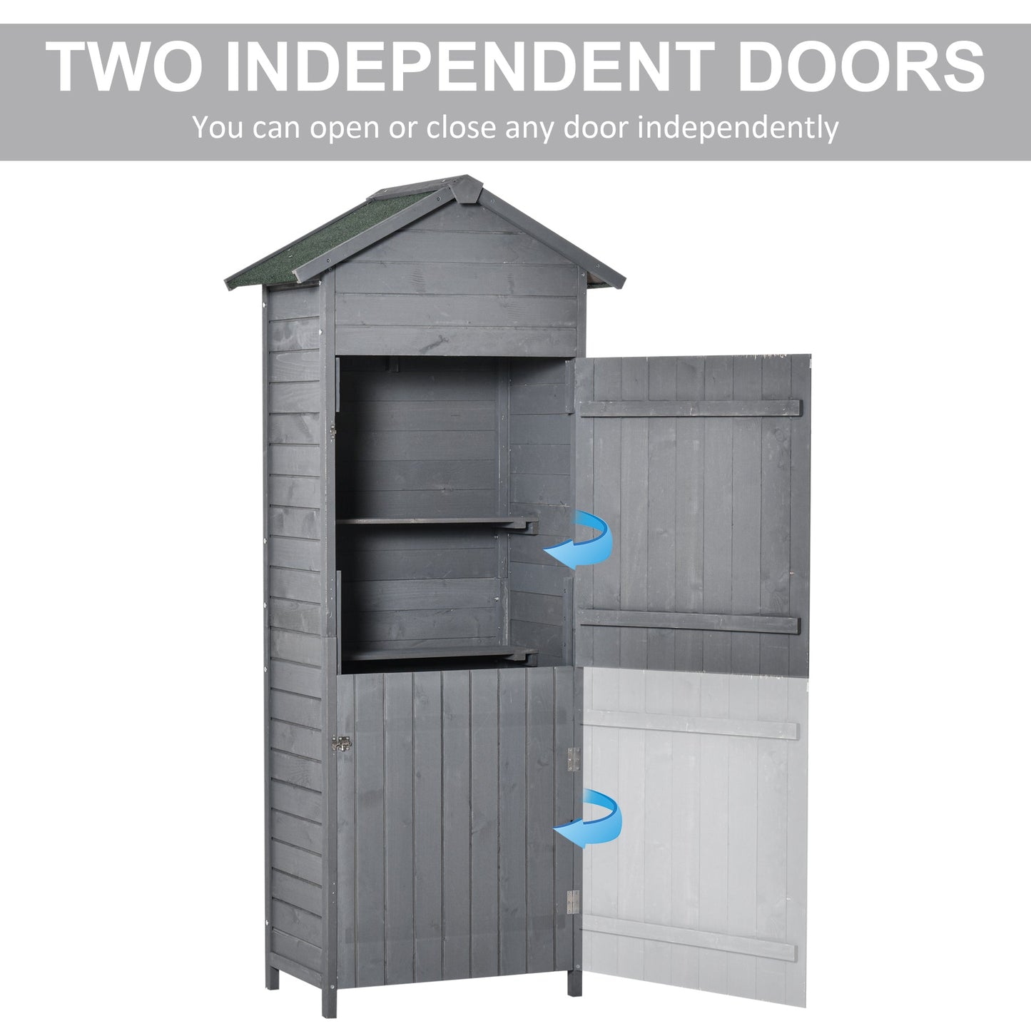 Outsunny Wooden Garden Storage Shed Timber Tool Cabinet Organiser w/ Tilted-felt Roof, Shelves, Lockable Doors, 189 x 82 x 49 cm, Grey