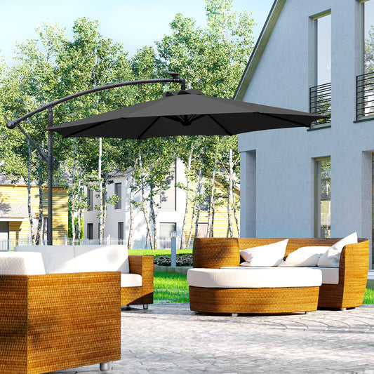 Outsunny 3m LED Patio Banana Parasol z wysięgnikiem i korbką, wiszący, rama parasola, stalowy aluminiowy stolik ogrodowy, czarny