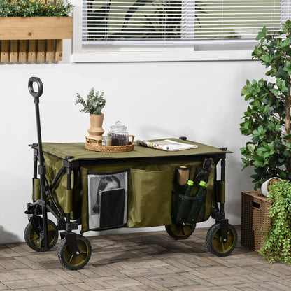 Outsunny Folding Garden Trolley, Cargo Trailer on Wheels, Collapsible Camping Trolley with Folding Board, Outdoor Utility Wagon with Steel Frame and Oxford Fabric, Green