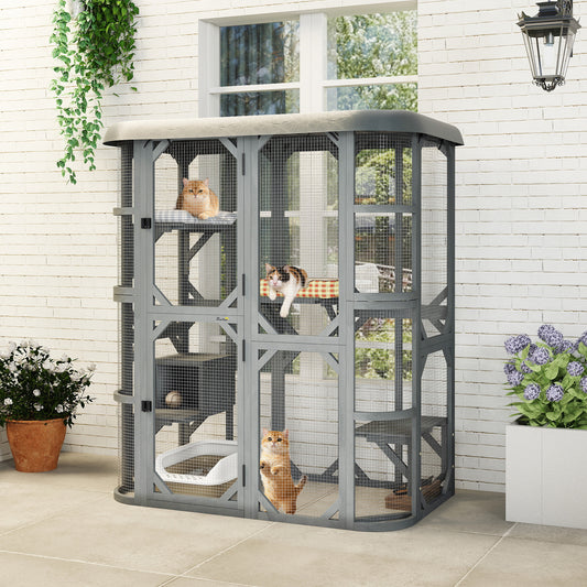 PawHut Catio Outdoor Cat Enclosure, Wooden Cat House with Platforms, Condo and Waterproof Cover for 2-3 Kittens, Grey