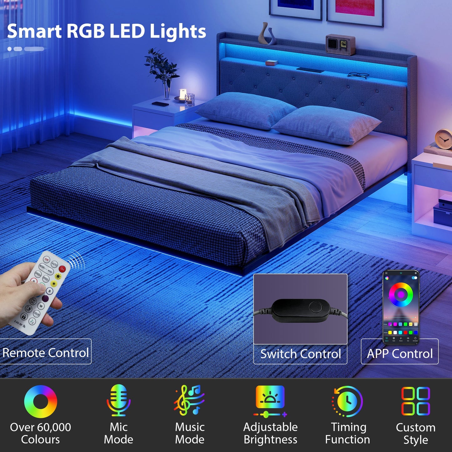 HOMCOM Floating Bed Frame, Upholstered 5ft King Size Bed, Platform Bed with RGB LED Lights and Charging Station, Grey