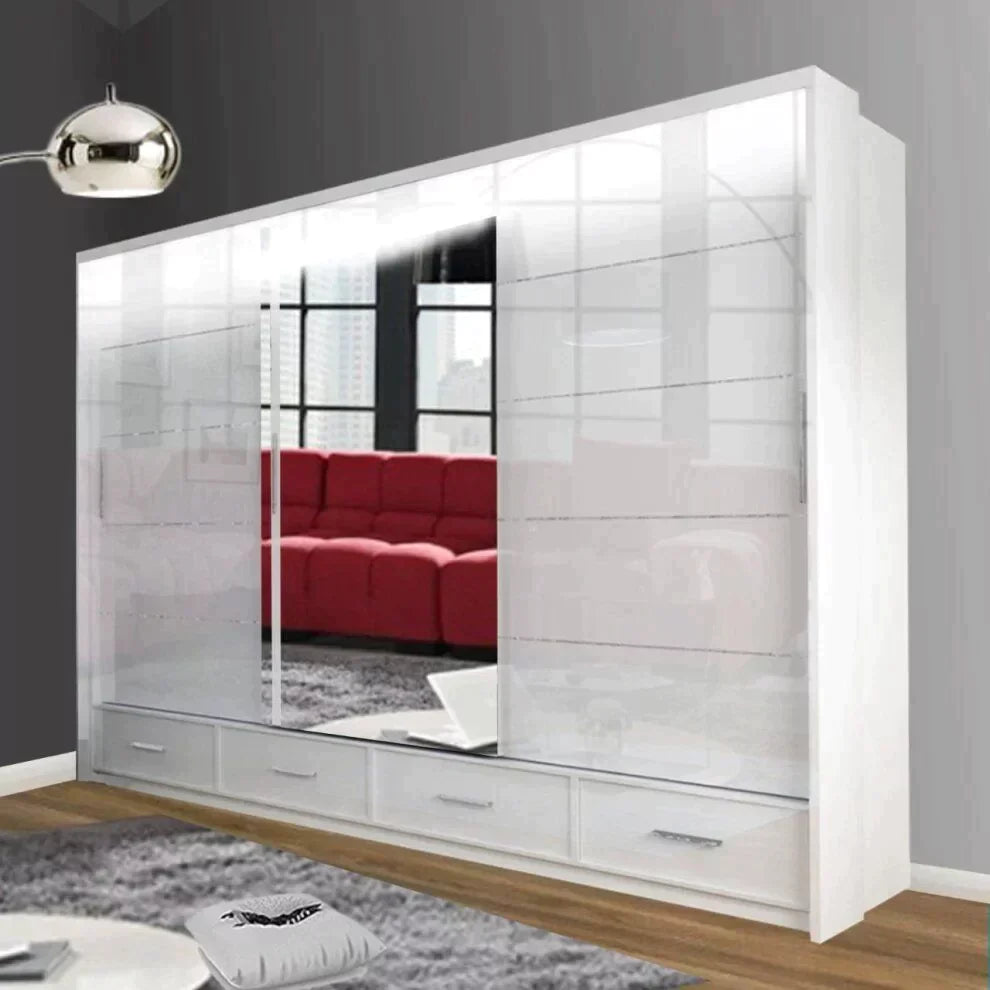 Mendeley Large High Gloss Sliding Wardrobe - Black, White and Grey