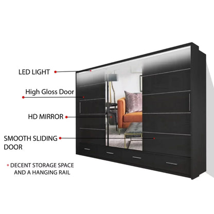 Mendeley Large High Gloss Sliding Wardrobe - Black