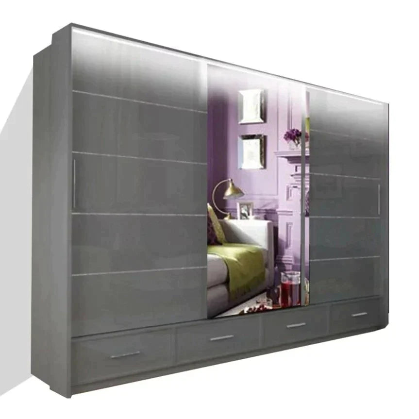 Mendeley Large High Gloss Sliding Wardrobe - Black, White and Grey