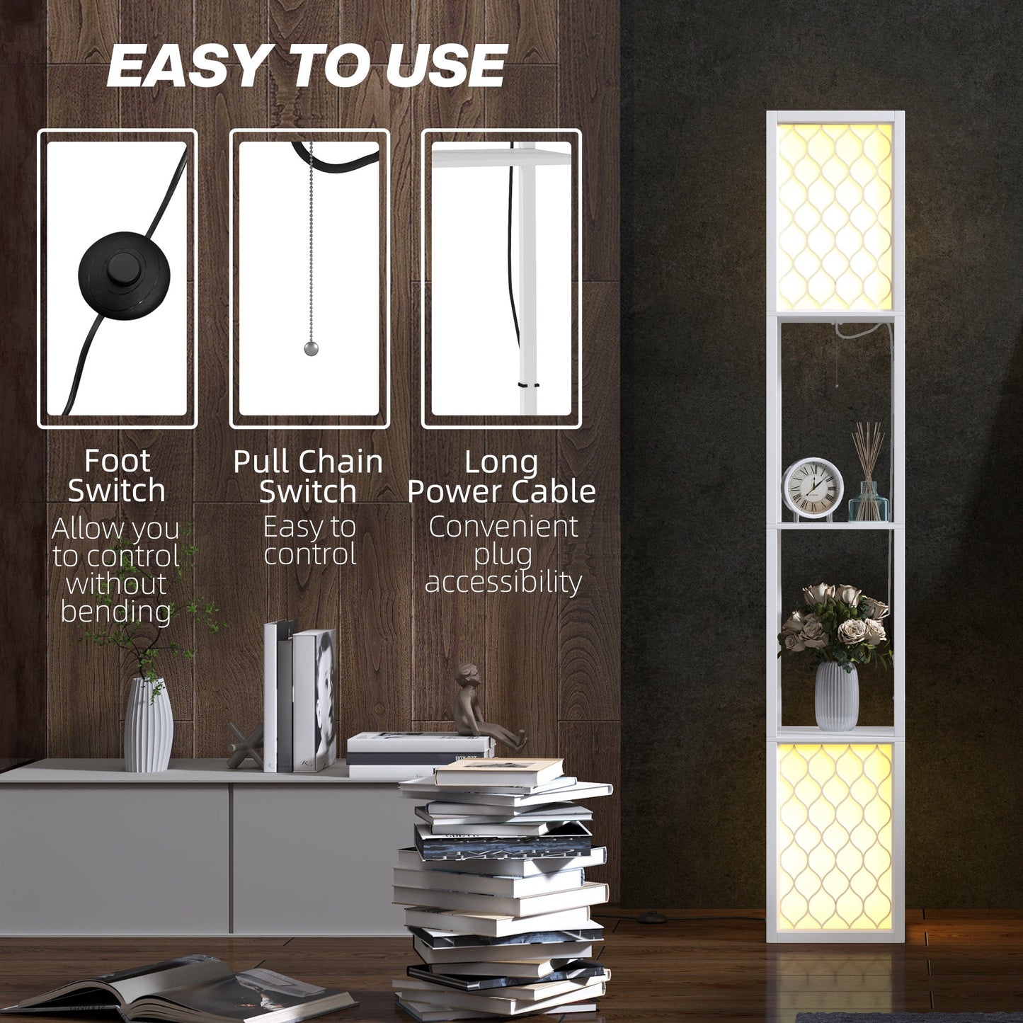 HOMCOM Floor Lamp with Shelves, Dual Light, Modern Tall Standing Lamps, with Pull Chain Switch (Bulb not Included), White