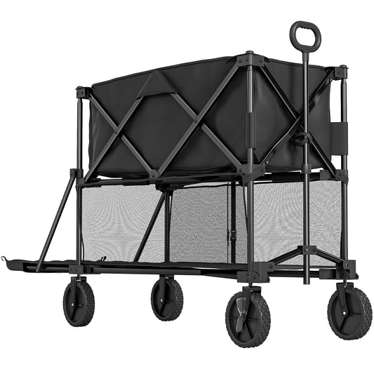 Wózek na kółkach Outsunny Double Decker, składany, 200 kg i 350 l, rozkładany wózek festiwalowy z przedłużeniem o 134 cm, idealny na kemping, sport, zakupy, do ogrodu i na plażę, czarny